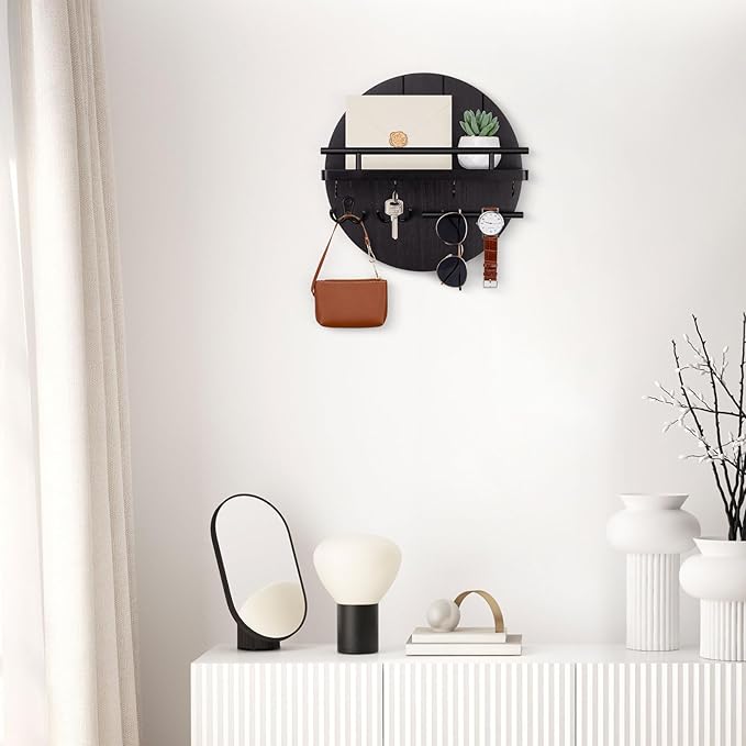 Nekon Rustic Key & Mail Organizer, Circular Wooden Key Hanger with 6 Hooks & Shelf - Wall Mount Entryway Hallway Kitchen (Bla