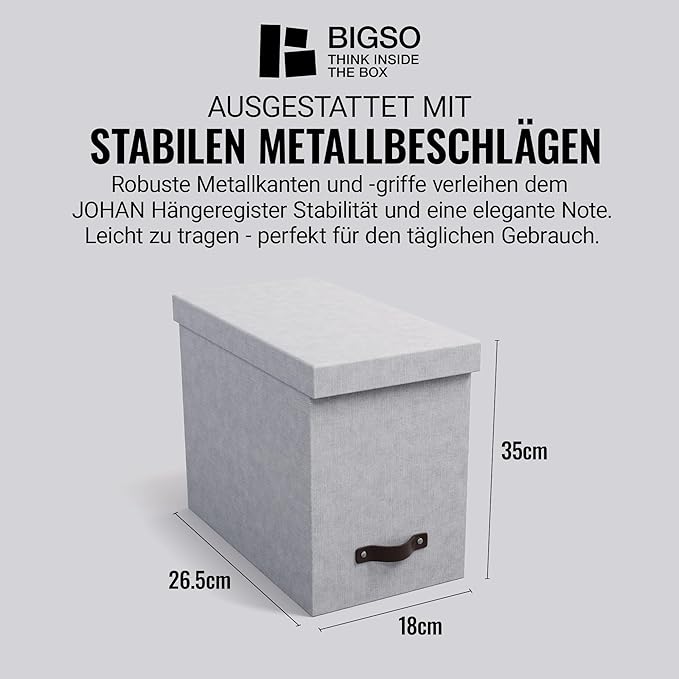 Bigso Box of Sweden File Organiser Storage - Stylish Organiser Box Including 8 Hanging Files - Container for Folders Made of 
