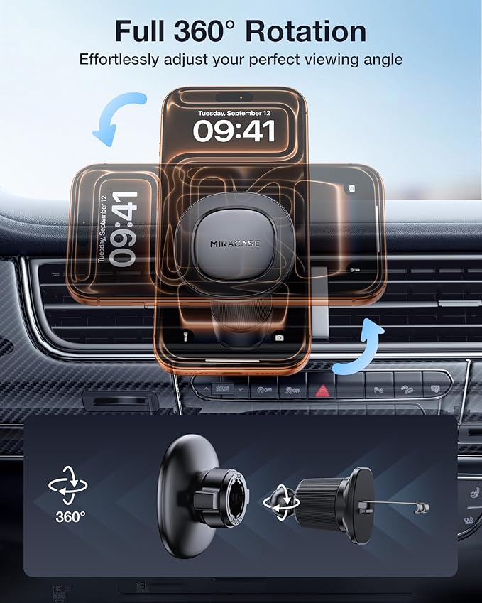 Miracase for MagSafe Car Mount with Metal Hook Clip, Magnetic Phone Holders for Car Phone Holder, Compatible with Garmin GPS Fit iPhone Android and All Smartphones, Dark Black