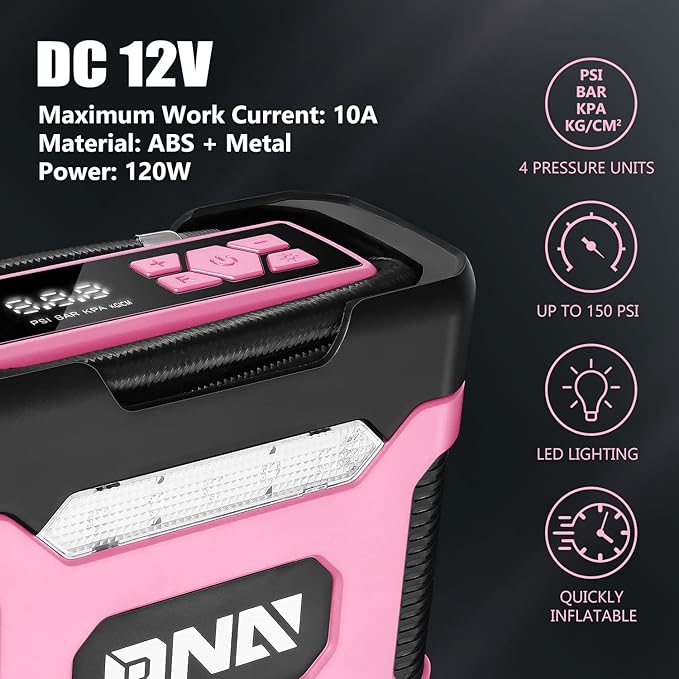 ‎DNA MOTORING TOOLS-00212 Pink 12V DC Digital Tire Inflator Portable Air Compressor with Pressure Gauge for Cars, Bicycles, Motorcycles,Balls