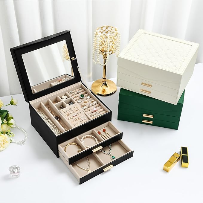 Amearea Jewelry Box Organizer for Women Girls with Mirror, 3-Layer Large Jewelry Storage Case, Synthetic Leather Jewelry Hold