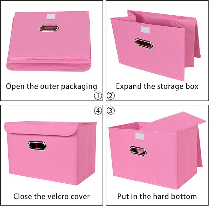 Linen Fabric Foldable Collapsible Storage Cube Bin Organizer Basket Fabric Storage Bins with Lid, Leather Handles, Removable 