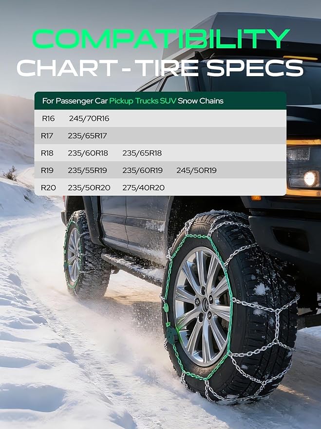 YHTAUTO Set of 2 Snow Chains 12mm for Pickup Truck SUV Passenger Car Universal Fit Tire Chains Auto-Tightening Quick Installa