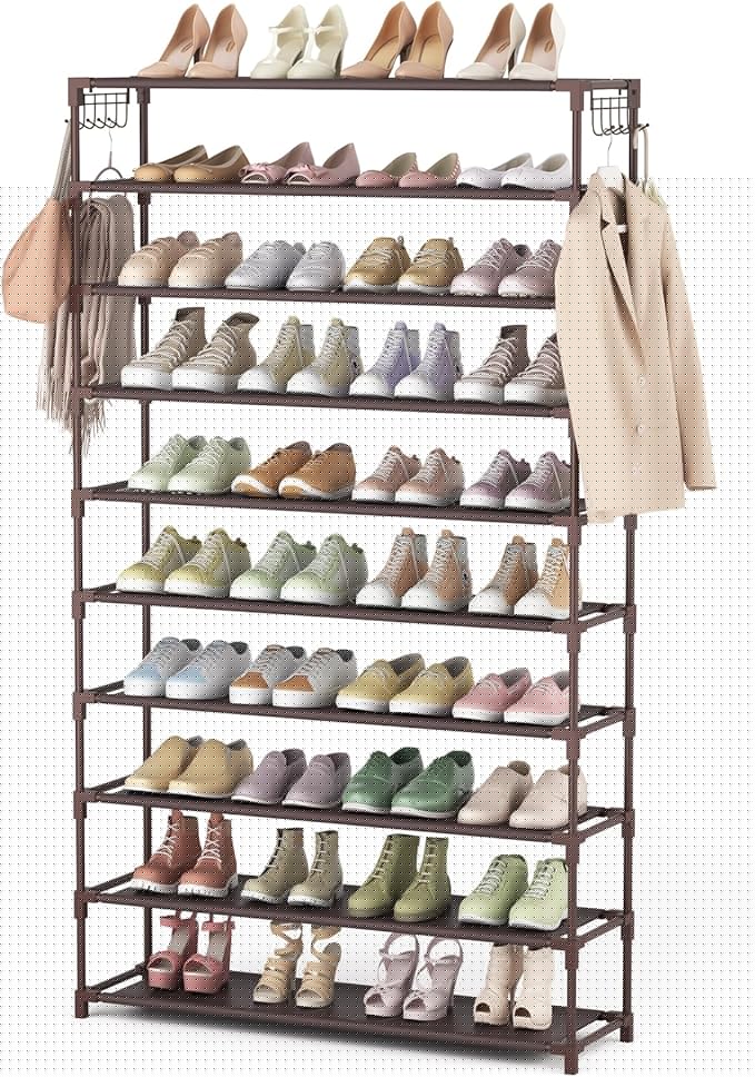 LANTEFUL 10 Tiers Shoe Rack 50 Pairs Large Capacity Tall Shoe Organizer Sturdy Shoe Storage with Two Hooks Space Saving Metal