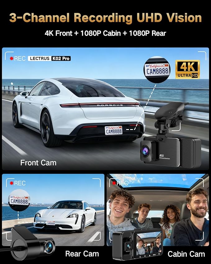 4K Dash Cam Front and Rear Inside, 3-Channel Cars Camera Dash with 170° Wide Angle, Free 64GB SD Card, 5.8GHz WiFi, Night Vis