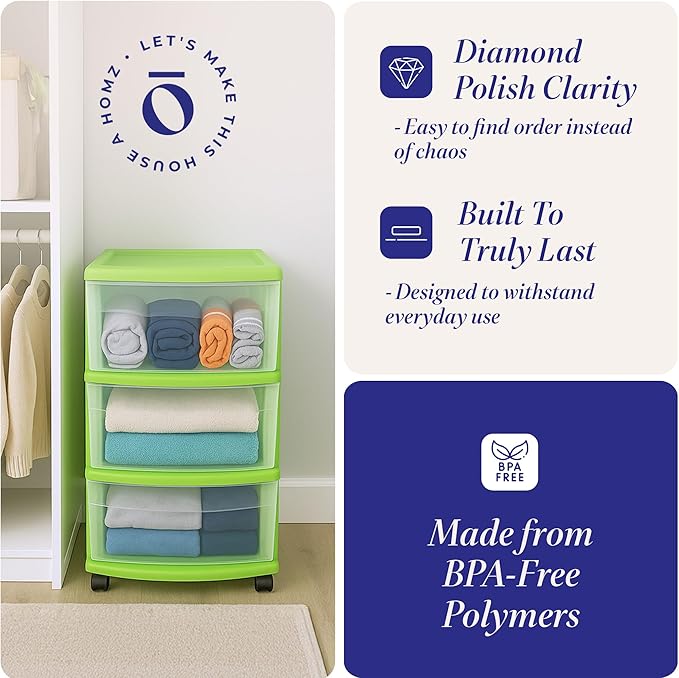 HOMZ Drawer Tower, 3-Tier Clear Plastic Storage Organizer Cart, Bold Lime Frame - Rolling Drawer Containers with Wheels for B
