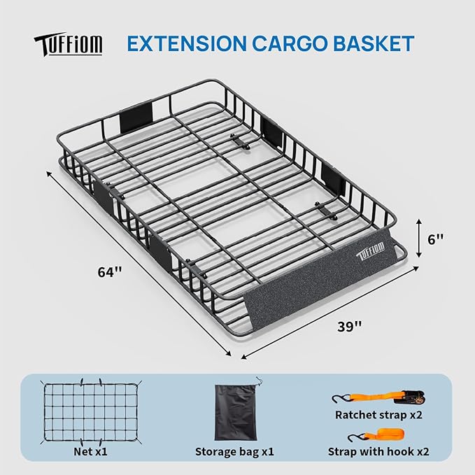 TUFFIOM 64"x 39"x 6" Extendable Rooftop Cargo Carrier Basket, Universal Steel Roof Rack Basket w/Net+Storage Bag+Straps, Heavy Duty Car Top Rack Luggage Holder Carrier for SUV Car Truck Van