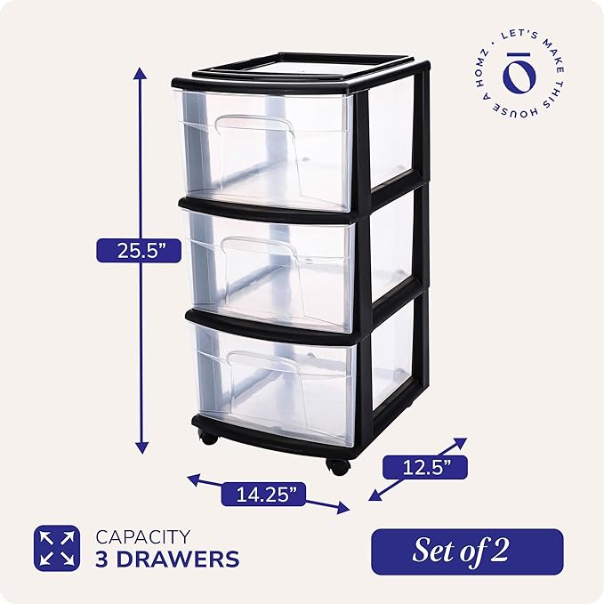 HOMZ 2-Pack Drawer Tower, 3-Tier Clear Plastic Storage Organizer Cart, Black Frame - Organizing Containers with Wheels for Ho