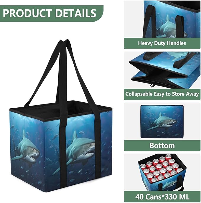 Atlantic Giant Shark Reusable Grocery Bags Large Shopping Tote Bag with Reinforced Bottom Board, Water Resistant Foldable Sto