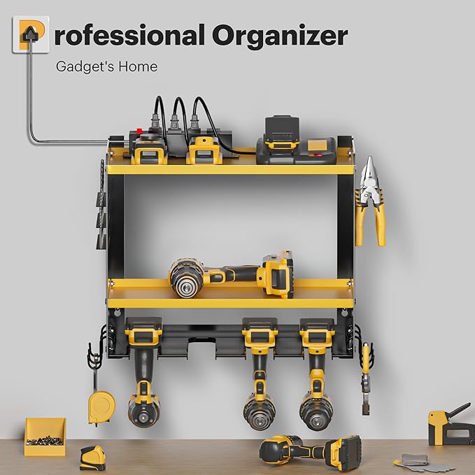 Spampur Power Tool Organizer Wall Mount with Charging Station, Tool Battery Holder with 4 Outlet Power Strip15 Min Assembly &