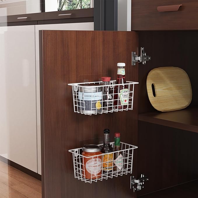 MaraFansie Hanging Wire Baskets Kitchen Storage Basket Adhesive and Screws Basket Over the Cabinet Door Organizer with Adhesi