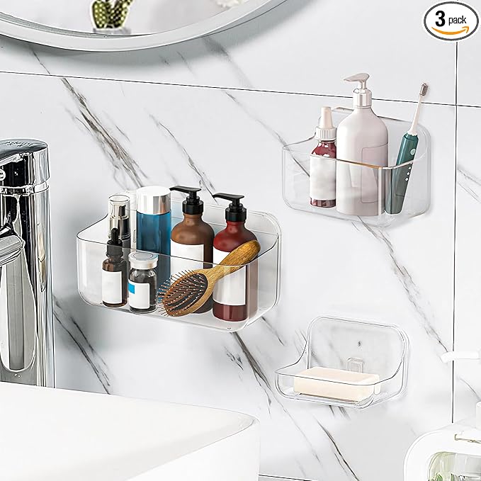 Diesisa 3pc Acrylic Wall Mount Organizer, Adhesive Clear Shower Caddies,Acrylic Soap Basket for wall,No Drilling Hang Walls,w