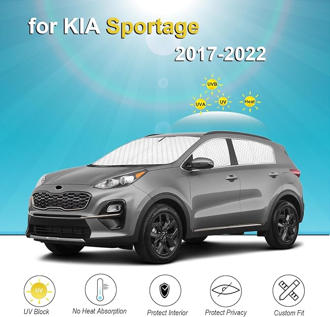 KMF 6pcs Thicken Sun Shades for KIA Sportage 2017-2022 Accessories, Custom Fit Full Car Window Covers for Windshield Side Rear, UV Block and Privacy Blackout for Camping Outdoor