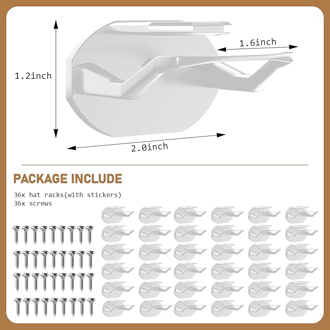 36 Pack Adhesive Hat Hooks for Wall, Super Strong Hat Rack for Baseball Caps, Hat Organizer Display for Home Decor, Hat Hange
