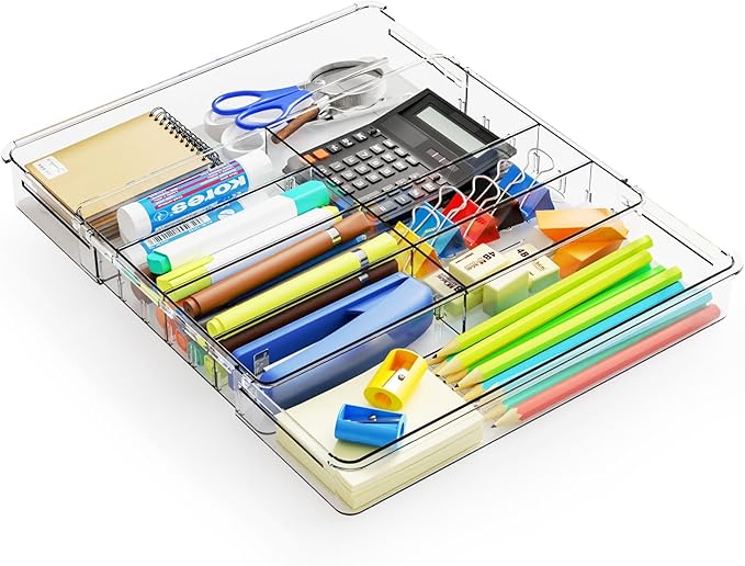 Yieach Expandable Desk Drawer Organizer Tray,1.8 Inch High Junk Drawer Organizer for Kitchen,Clear Shallow Office Drawer Orga
