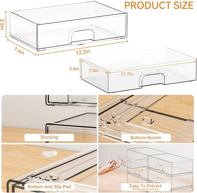 Yieach 12.1''W Clear Stackable Storage Drawers,2 Pack Acrylic Drawer Organizer for Hair Accessories,Makeup Organizers,Plastic