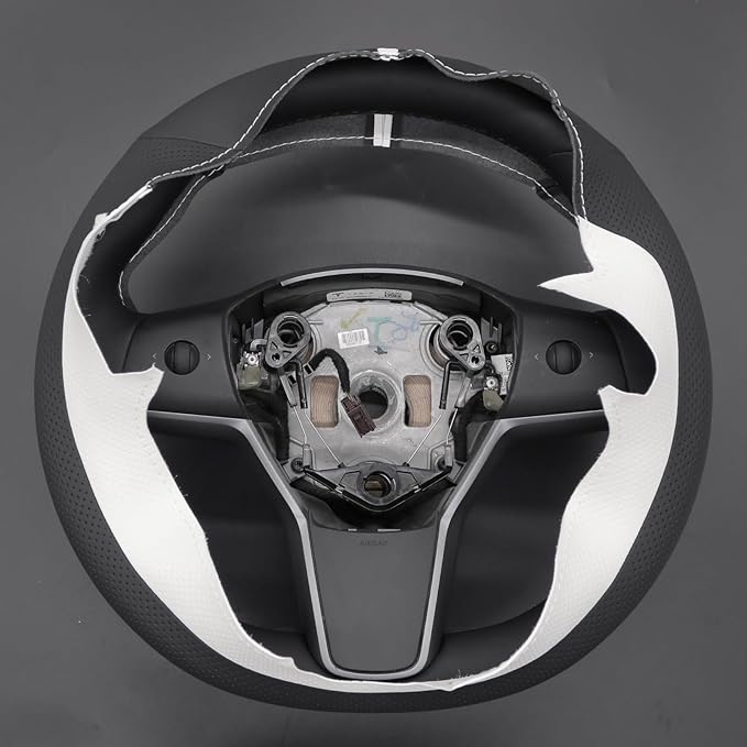 MEWANT Hand Stitched White Leather Tesla Model 3 Steering Wheel Cover for Tesla Model 3 2017-2023 / Model Y 2020-2023 for Tesla Model 3/Y Accessories