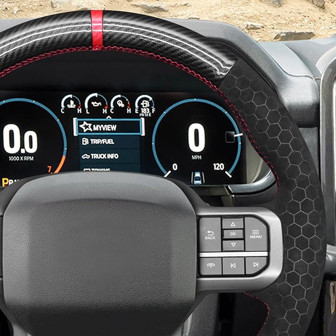 MEWANT DIY PU Carbon Fiber Hexagon Embossed Athsuede Steering Wheel Cover for Ford F150 Lightning F350 2024 Expedition