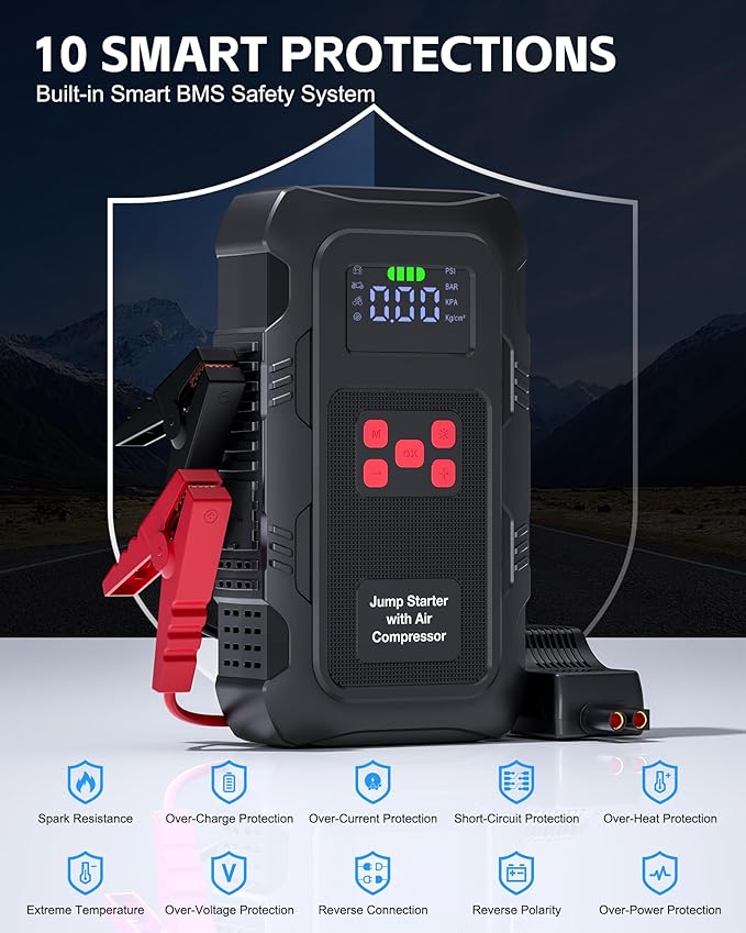5000A Jump Starter with Air Compressor, Portable Car Battery Jump Starter with 150 PSI Tire Inflator for Up to 10.0L Gas and