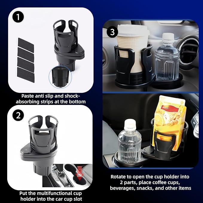 Car Cup Holder Expander, 2-in-1 Multifunctional Adjustable Drink Holder, Black Universal Beverage Organizer for Vehicle Conso