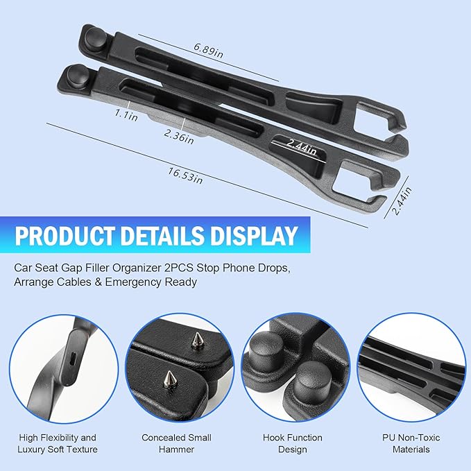 2PCS Car Seat Gap Filler Organizer 4In1 Between Seat & Console Inserts Gap Stopper Plug with Fill,Storage,Hook Function & Concealed Small Hammer,Upgraded Universal No Drop Seat Guard for Cars (Black)