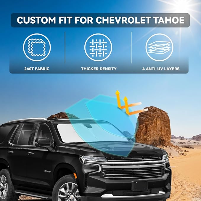 for Chevrolet Tahoe 2021-2026 Windshield Sun Shade - 4 Layers Car Sunshades for Front Windows Shade Cover Custom Fit Tahoe Sun Visor 250T Retractable Shade Blocks UV Rays Car Accessories