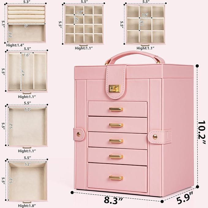 AKOZLIN Large Jewelry Box Organizer Functional with Big Mirror, Leather Jewelry Storage Case for Women Girls Ring Necklace Ea