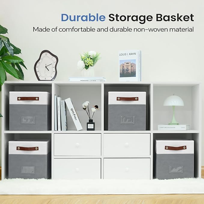 FinishingBo 6-Pack Storage Cubes with Handles & Label Holders Basket, Closet Cube Home Organizer Bins(White/Dark Grey, 10.5*1