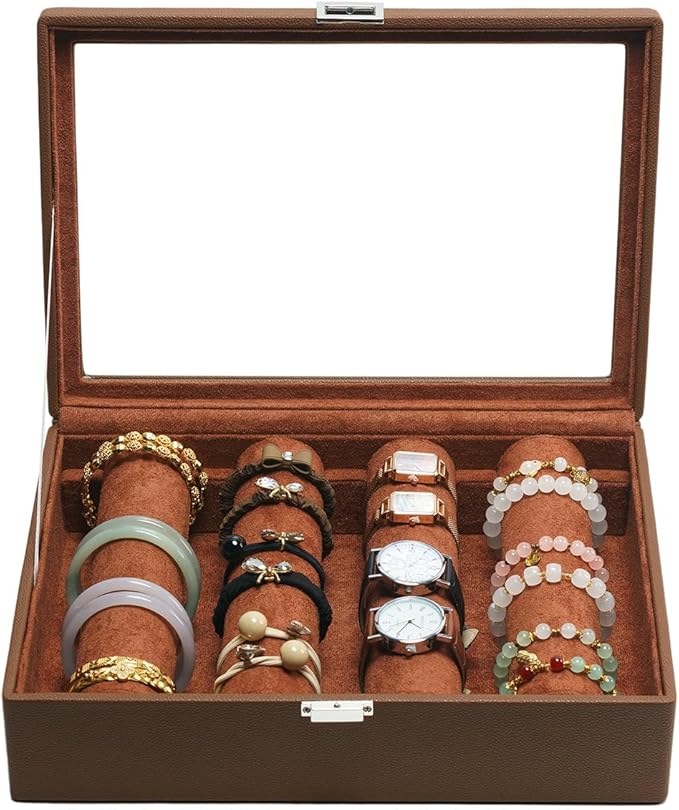 Bracelets Organizer Rods Bangles Display Holder, Clear See through Lid Leather Velvet Jewelry Storage Box Case for Women, 4 R