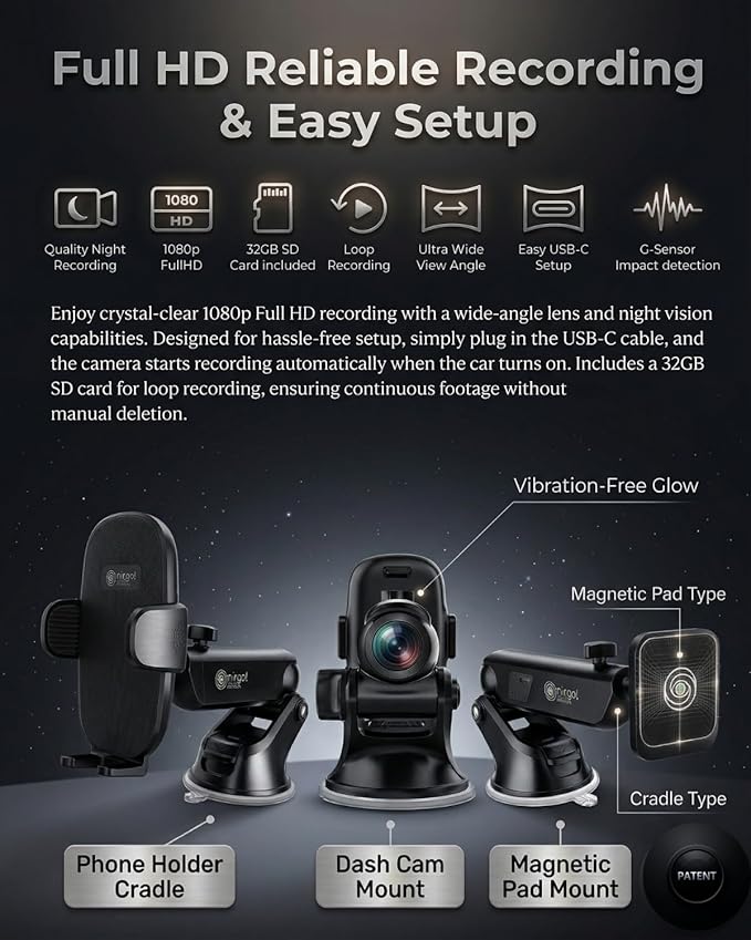 NIRRGO 2-in-1 Dash Cam & Car Phone Holder Mount Bonus-2 Mounting Options Included 1080P HD Loop Recording Dashcam smart App Control, Night Vision G-Sensor Clutter,Easy Setup 32GB SD Card Included
