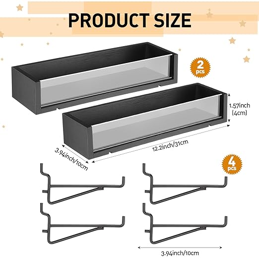Marsui 2 Pcs Pegboard Shelf Wood with Acrylic 12.2 x 3.94 Inch Display Shelves Brackets with Metal Hooks Heavy Duty Pegboard 