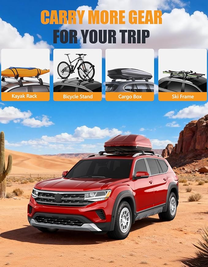 KINGGERI 300lb Lockble Roof Rack Cross Bars Compatible with Volkswagen VW Atlas 2017-2026 with Raised Side Rails(Not For Atlas Cross Sport), Heavy Duty Anti-Theft Aluminum Roof Rails Crossbars Rooftop