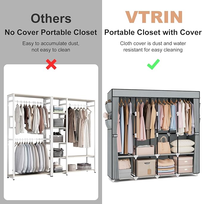 VTRIN Portable Closet for Hanging Clothes 67 Inch Wide Large Capacity Portable Wardrobe Closet with Cover, 4 Storage Shelves 