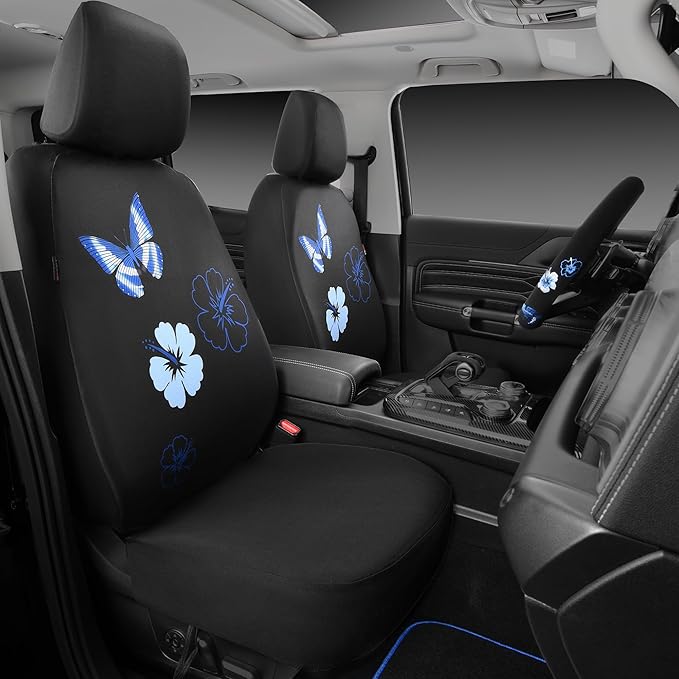 CAR PASS Blue Butterfly Car Seat Covers Full Set, Embroidered Flower Waterproof Car Floor Mats Carpet, Butterflies Steering W