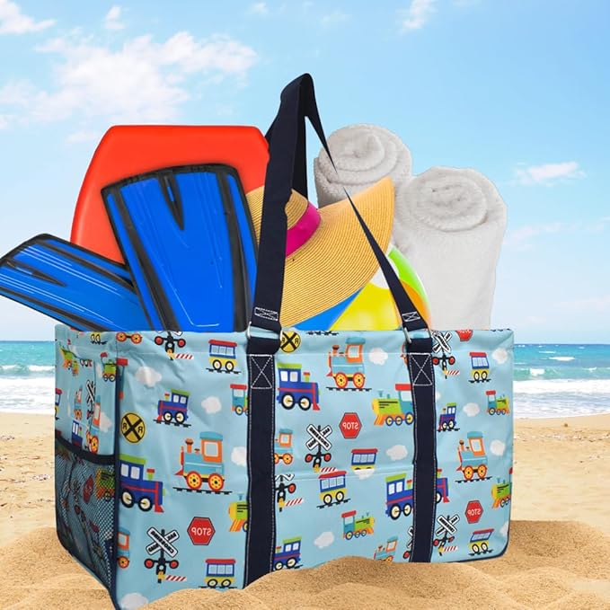 NGIL Extra Large Utility Tote Reusable Grocery Bag Oversized Collapsible for Groceries, Storage, Picnic, Beach (Train Print-Navy)