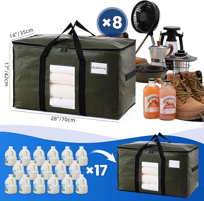 TAILI 8 Pack Green Extra Large Storage Bags, Heavy Duty Totes with Visible Window, Wrap Around Handles, Perfect for Moving