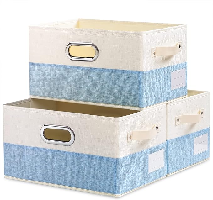 PRANDOM Large Fodable Storage Baskets for Closet [3-pack] Decorative Fabric Storage Bins Cubes with Leather/Metal Handles for