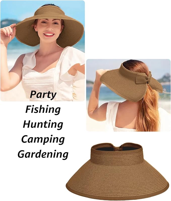 Sun Visor Hat for Women, Wide Brim Straw Summer UV Protection Hat, Foldable Roll-up Packable Beach Cap