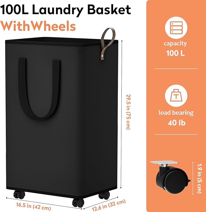 SpaceTrove Laundry Basket with Wheels, Collapsible Laundry Baskets, Laundry Hamper with Handles Detachable Wheels, Rolling La
