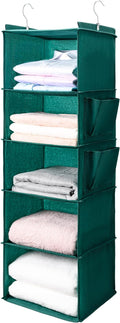 BOOMIBOO Hanging Closet Organize and Shelves，5-Hanging Shelf with 2 Side Pockets，Storage Foldable （Green）