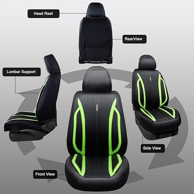 CAR PASS Fluorescent Green & Nappa Leather Seat Covers Full Set, with Backrest Cushion Protector Waist Protection Universal F