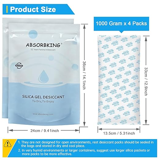 Large Desiccant Packs, 1000 Gram 4 Packs Container Desiccant, Silica Gel Car Dehumidifier by Reusable, Large Moisture Absorbe