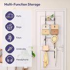 SWTYMIKI Over The Door Purse Organizer - Wall Mounted Handbag Organizer with 16 Hooks and Metal Basket, Hanging Purse Storage