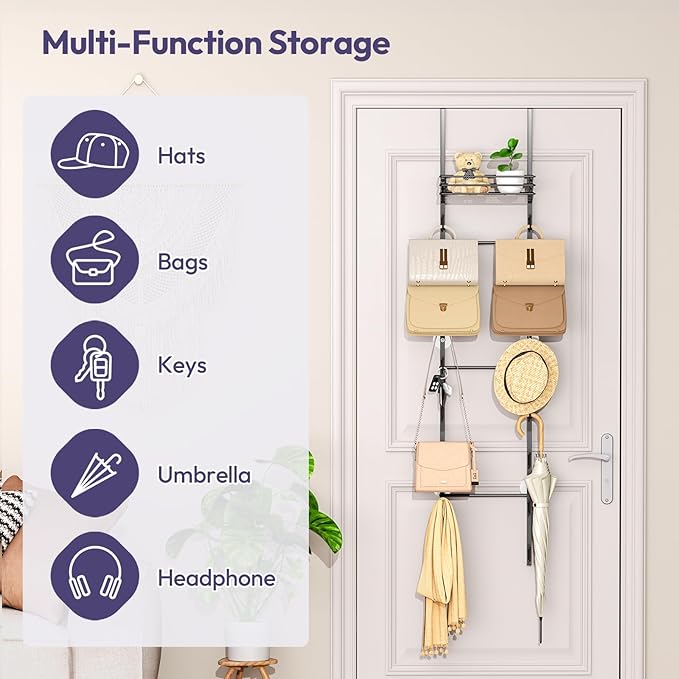 SWTYMIKI Over The Door Purse Organizer - Wall Mounted Handbag Organizer with 16 Hooks and Metal Basket, Hanging Purse Storage