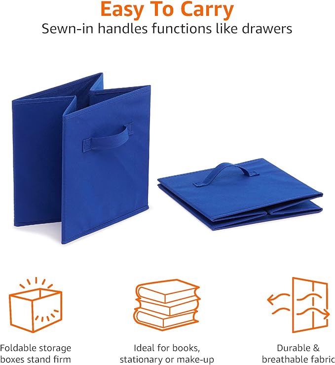 Amazon Basics Collapsible Fabric Storage Bins with Handles, Cube Organizer for Home Organization, 10.5"x10.5"x11", Navy, 6-Pa
