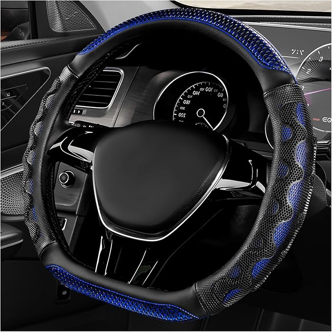 D-Shaped Steering Wheel Cover, Leather Car Wheel Protector with 3D Honeycomb Anti-Slip Design, Universal Breathable Comfy Cov
