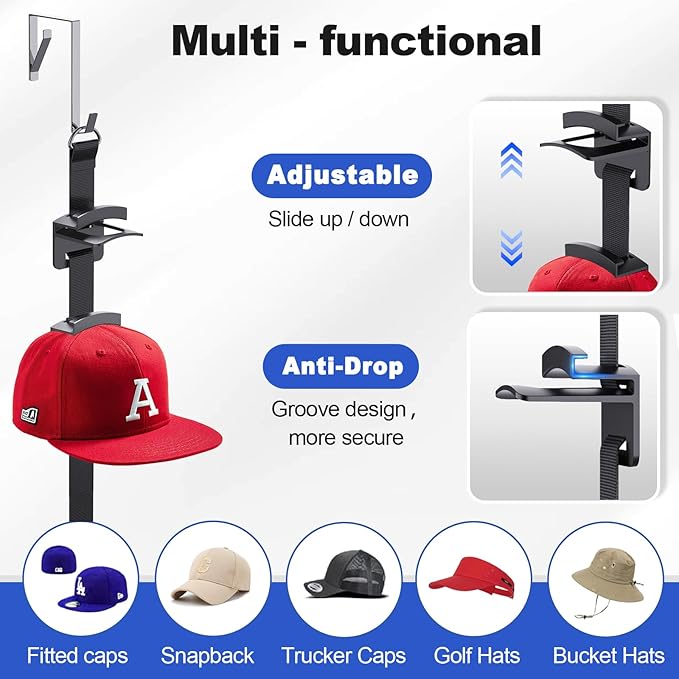 Aoodaily Hat Rack for Door - Two-Way Hanging Caps with Display Hooks and Hanger, Hat Organizer for Baseball Caps, Over the Do