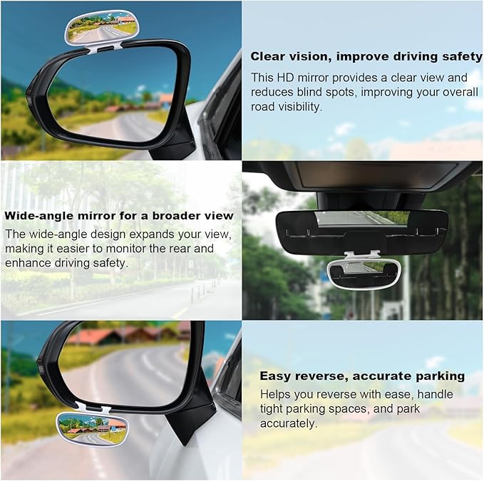 LivTee Clip on Blind Spot Mirror, HD Glass Frameless Convex Rear View Mirrors Exterior Accessories with Wide Angle Adjustable Stick for Car SUV and Trucks, White
