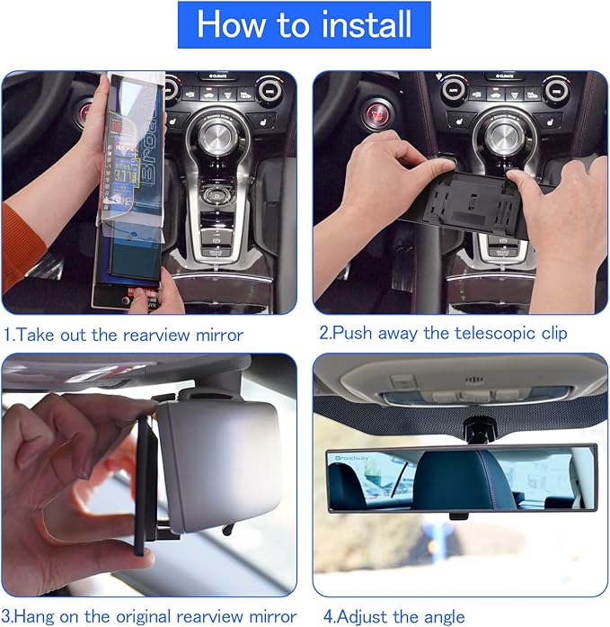 Broadway Car Rear View Mirror HD Anti Glare Universal 12 Inch large Field of View Panoramic Rearview Mirror with Wide Angle Blue Tint for Car SUV and Truck