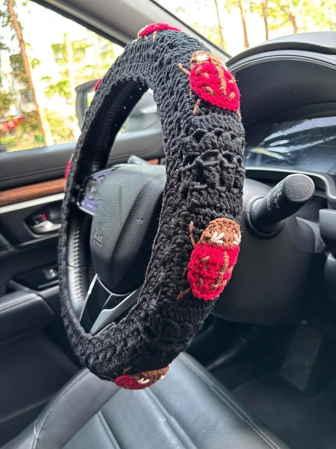 Crochet Ladybug Steering Wheel Cover Universal 14-15 inch (D,Steering Wheel Cover)